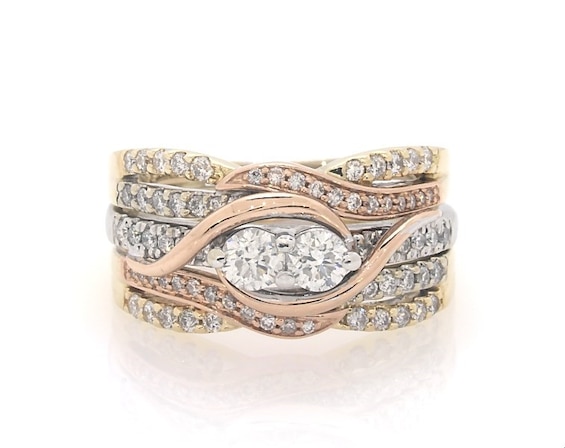 Previously Owned Round-Cut Diamond Two-Stone Bridal Set 7/8 ct tw 14K Tri-Tone Gold Size 7.5