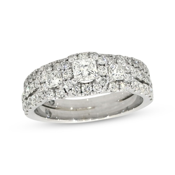 Previously Owned THE LEO Diamond Halo Three-Stone Bridal Set 1 ct tw 14K White Gold Size 5.25