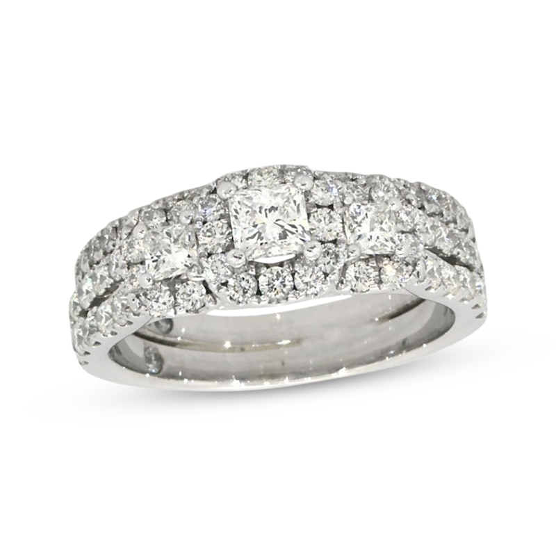 Main Image 1 of Previously Owned THE LEO Diamond Halo Three-Stone Bridal Set 1 ct tw 14K White Gold Size 5.25