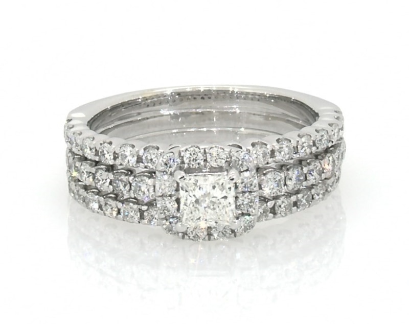 Main Image 1 of Previously Owned Princess-Cut Diamond Halo Bridal Set 1-1/5 ct tw 14K White Gold Size 5