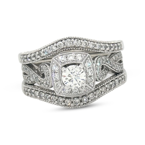 Previously Owned Round-Cut Diamond Halo Bridal Set 1 ct tw 14K & 10K White Gold Size 5.25