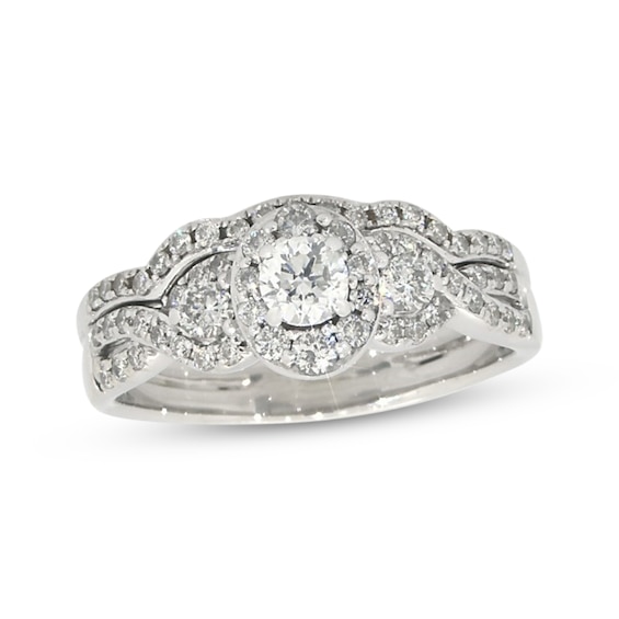 Previously Owned Round-Cut Diamond Oval Frame Bridal Set 1 ct tw 14K White Gold Size 9.5
