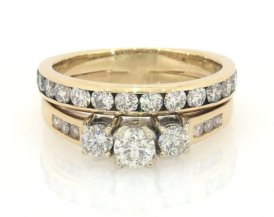 Previously Owned Round-Cut Diamond Three-Stone Bridal Set 2 ct tw 14K Two-Tone Gold & 10K Yellow Gold Size 10