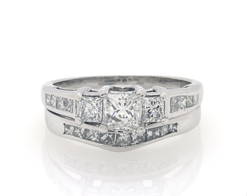 Main Image 1 of Previously Owned Princess-Cut Three-Stone Diamond Bridal Set 1-7/8 ct tw 14K White Gold Size 9