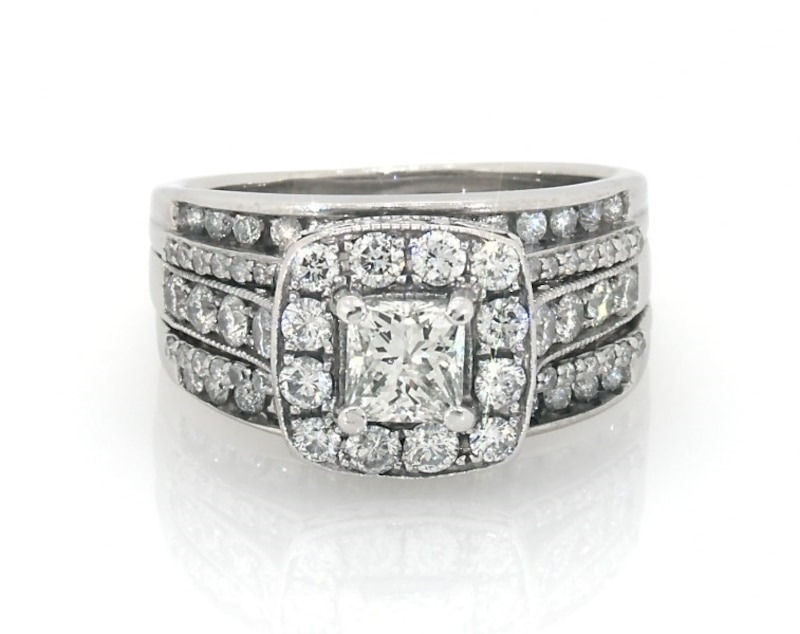 Main Image 1 of Previously Owned Princess-Cut Diamond Halo Bridal Set 2 ct tw 14K White Gold Size 7.75