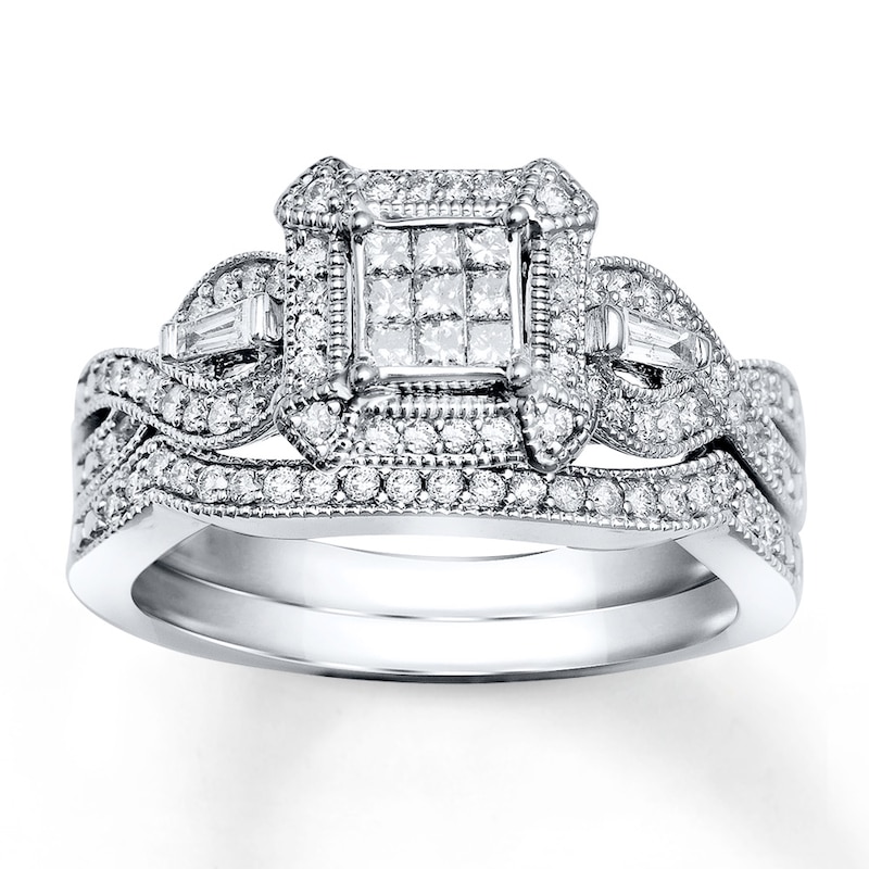 Main Image 1 of Previously Owned Princess-Cut Multi-Diamond Center Bridal Set 1/2 ct tw 10K White Gold Size 9