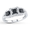 Thumbnail Image 1 of Previously Owned Princess & Round-Cut Black & White Diamond Three-Stone Engagement Ring 1 ct tw 10K White Gold Size 8