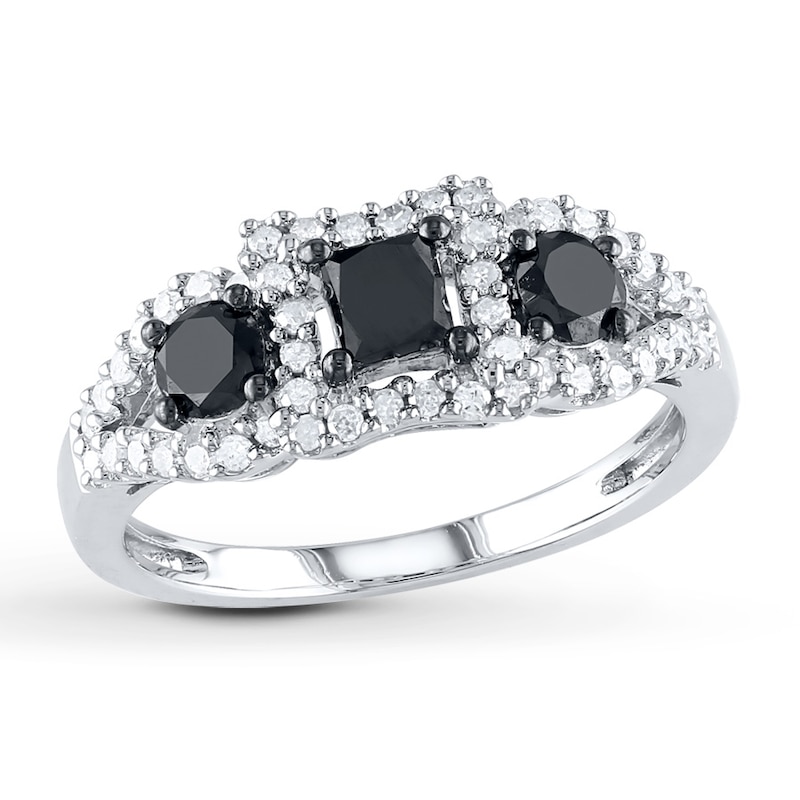 Main Image 1 of Previously Owned Princess & Round-Cut Black & White Diamond Three-Stone Engagement Ring 1 ct tw 10K White Gold Size 8