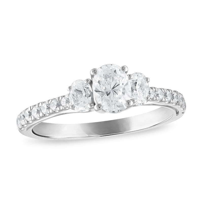 Main Image 1 of Previously Owned Three Stone Diamond Engagement Ring 1 ct tw Oval/Round 14K White Gold