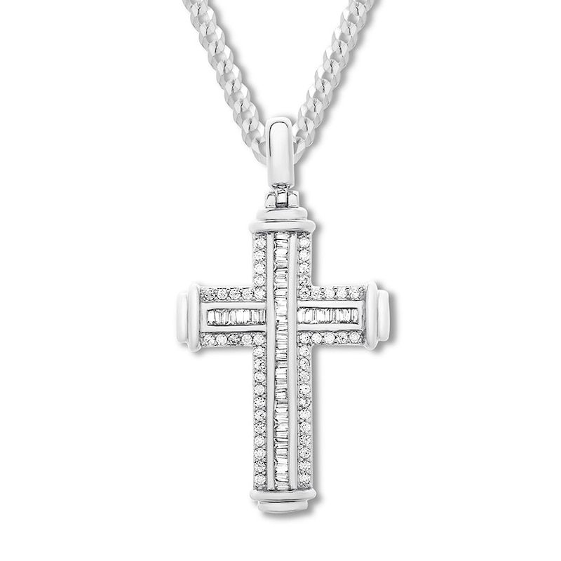 Main Image 1 of Previously Owned Men's Diamond Cross Necklace 1 ct tw Sterling Silver 22&quot;