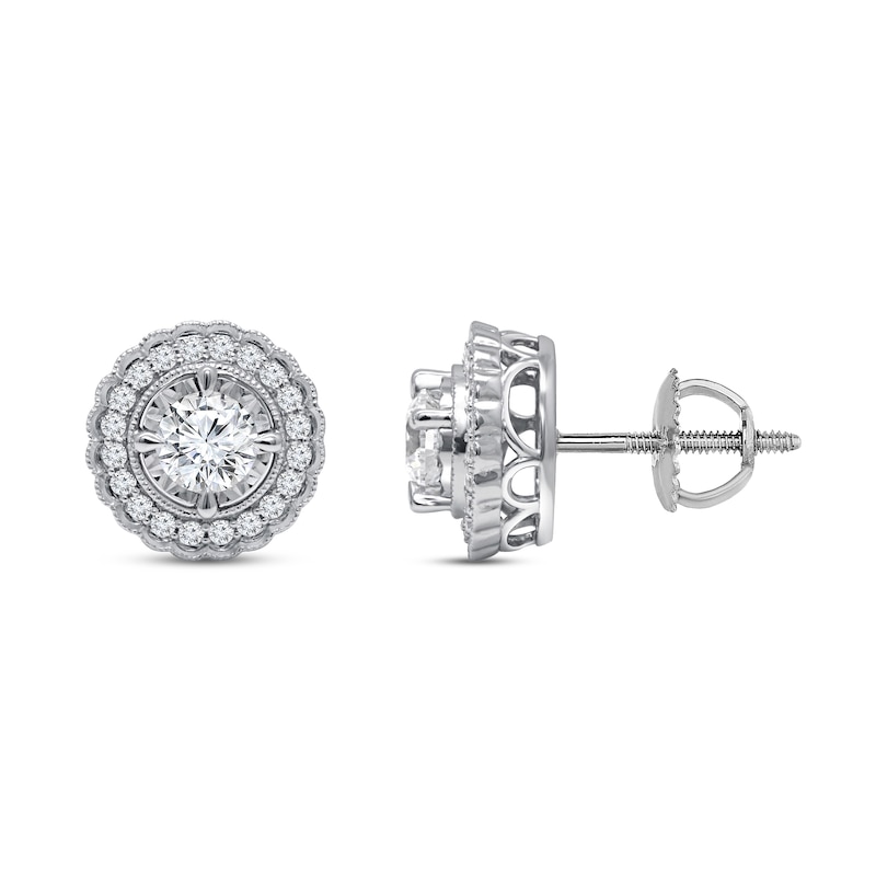 Main Image 1 of Previously Owned Diamond Halo Earrings 1 ct tw Round-Cut 10K White Gold (J/I3)
