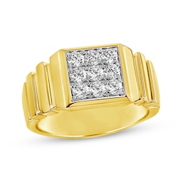 Previously Owned Men's Multi-Diamond Center Textured Wedding Band 3/4 ct tw Round-cut 10K Yellow Gold