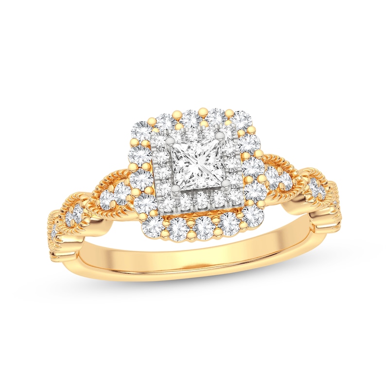 Main Image 1 of Previously Owned Vintage-Style Princess & Round-Cut Diamond Engagement Ring 1/2 ct tw 10K Yellow Gold