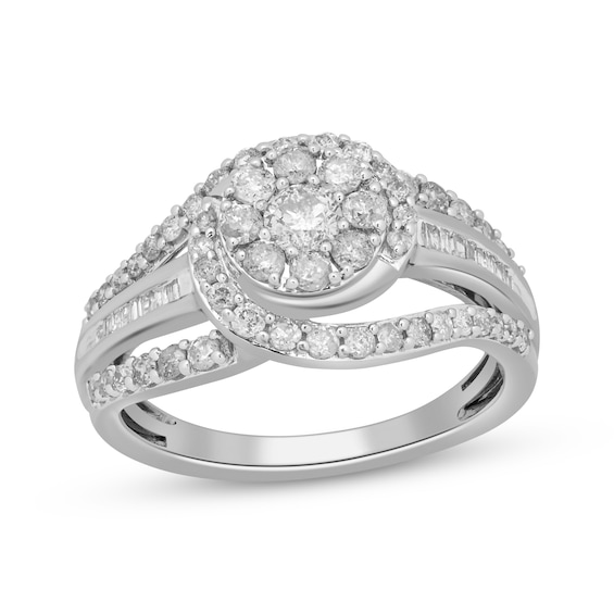 Previously Owned Round & Baguette-Cut Diamond Swirl Ring 1 ct tw 10K White Gold