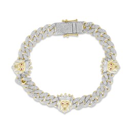 Previously Owned Men's Diamond & Lab-Created Ruby Lion Curb Chain Bracelet 1 ct tw Round-cut 10K Yellow Gold 8.5&quot;