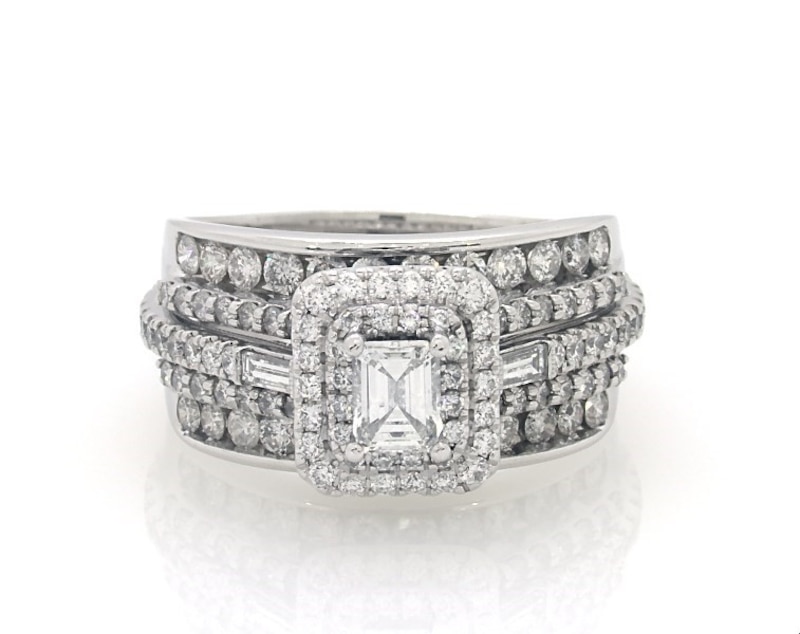 Main Image 1 of Previously Owned Emerald-Cut Diamond Halo Bridal Set 2 ct tw 14K White Gold Size 9
