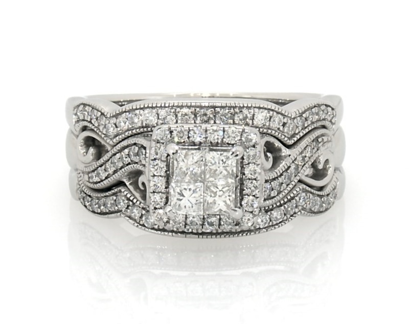 Main Image 1 of Previously Owned Princess-Cut Quad Diamond Halo Bridal Set 1 ct tw 14K White Gold Size 9