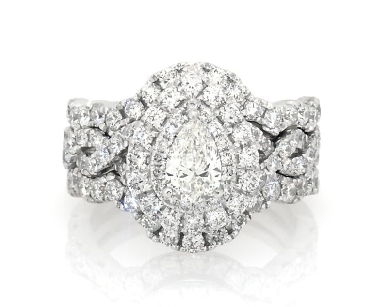 Main Image 1 of Previously Owned Pear-Shaped Diamond Double Halo Bridal Set 1-7/8 ct tw 14K White Gold Size 5.5