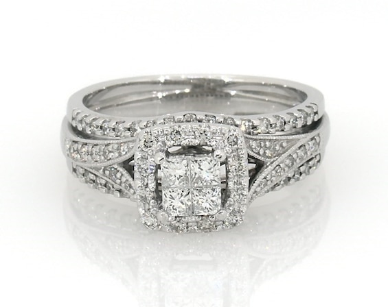 Previously Owned Princess-Cut Diamond Quad Halo Bridal Set 3/4 ct tw 14K White Gold Size 7.5