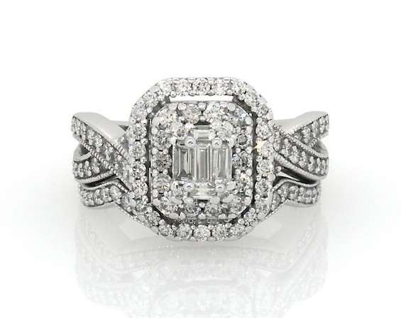 Previously Owned Baguette-Cut Diamond Double Halo Bridal Set 1-1/5 ct tw 14K White Gold Size 6
