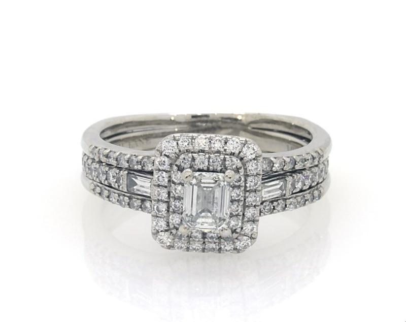 Main Image 1 of Previously Owned Emerald-Cut Diamond Double Halo Bridal Set 1-3/8 ct tw 14K White Gold Size 8