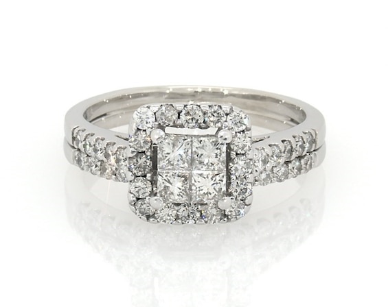 Previously Owned Princess-Cut Quad Diamond Halo Bridal Set 1-1/5 ct tw 14K White Gold Size 5
