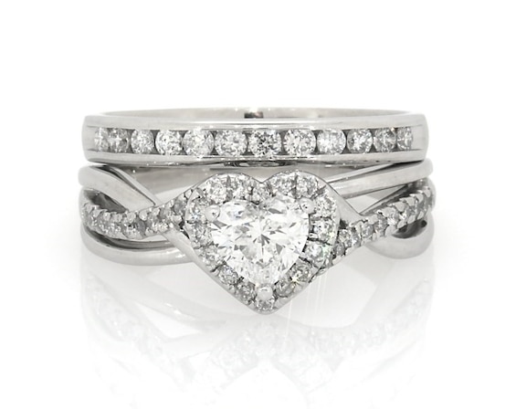 Previously Owned Heart-Shaped Diamond Halo Bridal Set 1 ct tw 14K & 10K White Gold Size 6