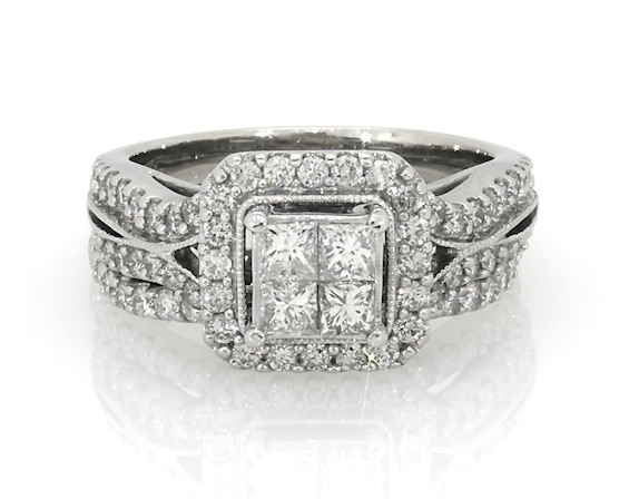 Previously Owned Princess-Cut Quad Diamond Halo Bridal Set 1-1/5 ct tw 14K White Gold Size 6
