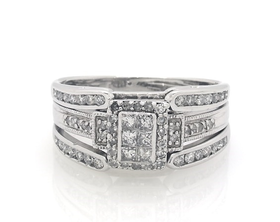 Previously Owned Princess-Cut Multi-Diamond Bridal Set 3/4 ct tw 10K & 14K White Gold Size 9.75