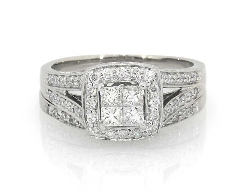 Main Image 1 of Previously Owned Princess-Cut Quad Diamond Bridal Set 7/8 ct tw 14K White Gold Size 6