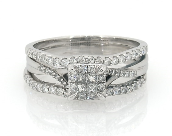 Previously Owned Princess-Cut Quad Diamond Square Frame Engagement Ring 3/4 ct tw 14K & 10K White Gold Size 10