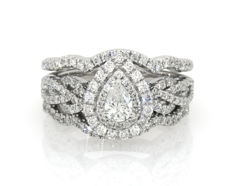 Main Image 1 of Previously Owned Neil Lane Pear-Shaped Diamond Double Halo Bridal Set 1-1/5 ct tw 14K White Gold & Platinum Size 6.25