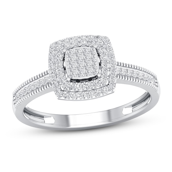 Previously Owned Multi-Diamond Center Double Cushion Halo Engagement Ring 1/4 ct tw 10K White Gold Size 8