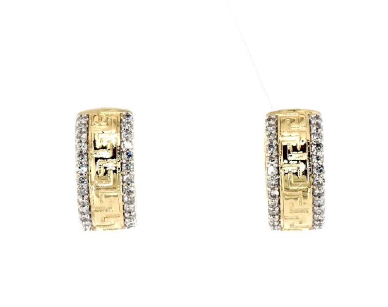Main Image 1 of Previously Owned Men’s Round-Cut Diamond Greek Key Huggie Hoop Earrings 1/5 ct tw 10K Yellow Gold