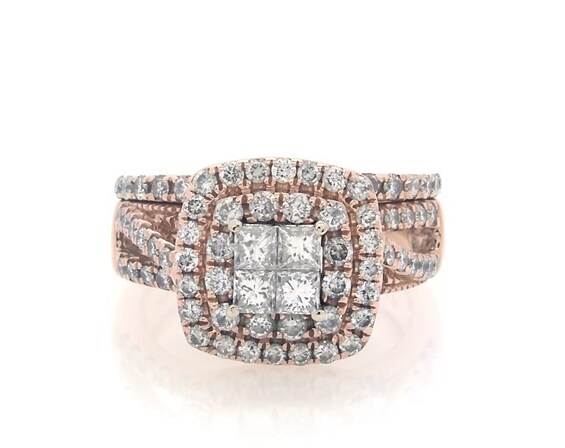 Previously Owned Princess-Cut Diamond Quad Double Halo Bridal Set 1-1/3 ct tw 10K Rose Gold & 14K Two-Tone Gold Size 5.25