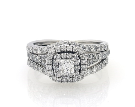 Previously Owned Princess-Cut Diamond Double Halo Bridal Set 1-3/8 ct tw 14K White Gold Size 6
