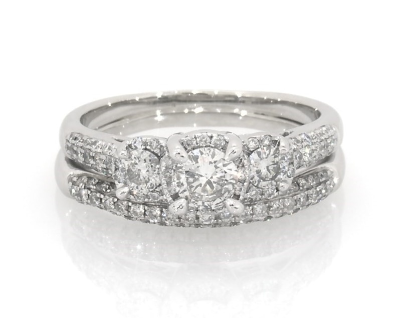Main Image 1 of Previously Owned Diamond Three-Stone Halo Bridal Set 1-1/3 ct tw 14K White Gold Size 9