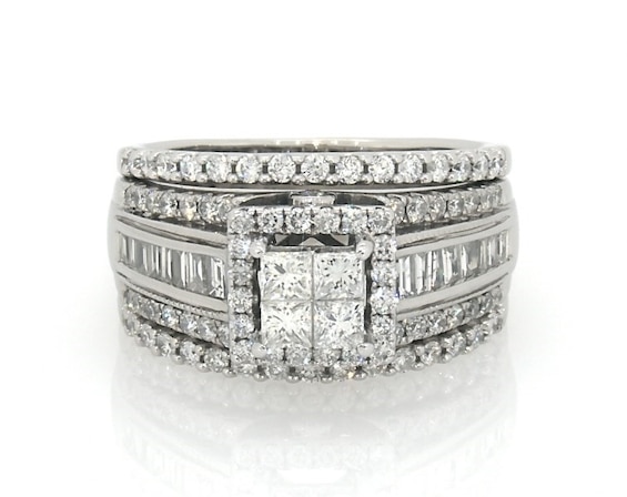 Previously Owned Princess-Cut Quad Diamond Halo Bridal Set 1-1/3 ct tw 14K White Gold Size 6.5