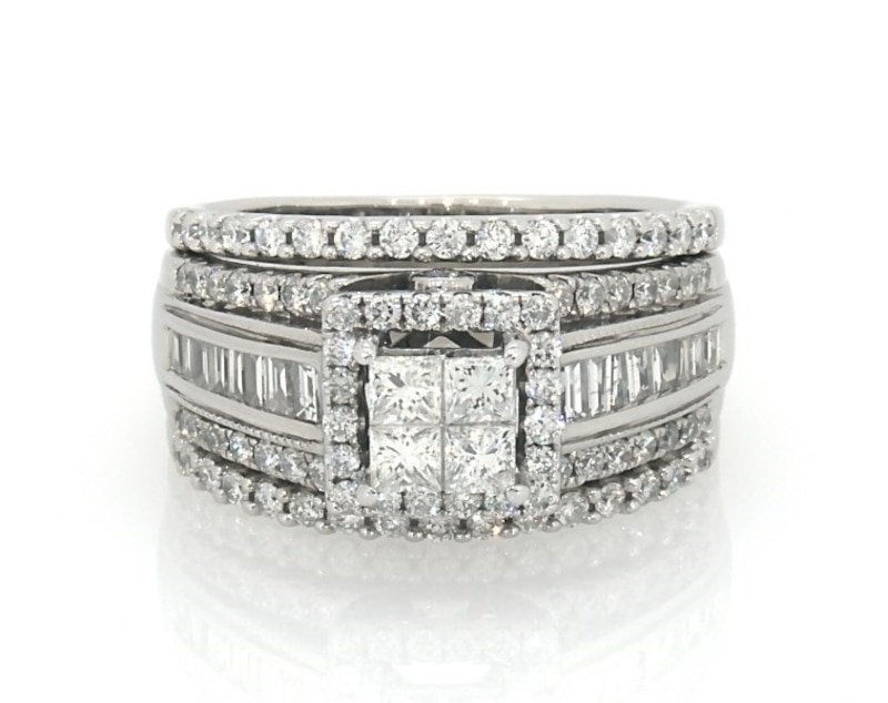 Main Image 1 of Previously Owned Princess-Cut Quad Diamond Halo Bridal Set 1-1/3 ct tw 14K White Gold Size 6.5