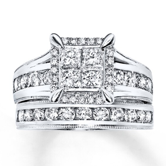 Previously Owned Diamond Bridal Set 2 ct tw Princess/Round-cut 14K White Gold Size 4.5