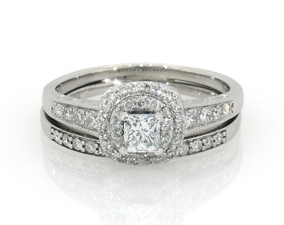 Previously Owned Princess-Cut Diamond Double Halo Bridal Set 7/8 ct tw 14K & 10K White Gold Size 8