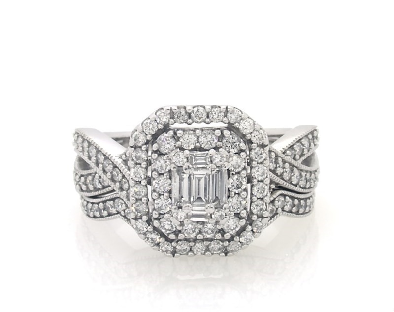 Main Image 1 of Previously Owned Baguette-Cut Diamond Double Halo Bridal Set 1-1/8 ct tw 14K White Gold Size 7.5