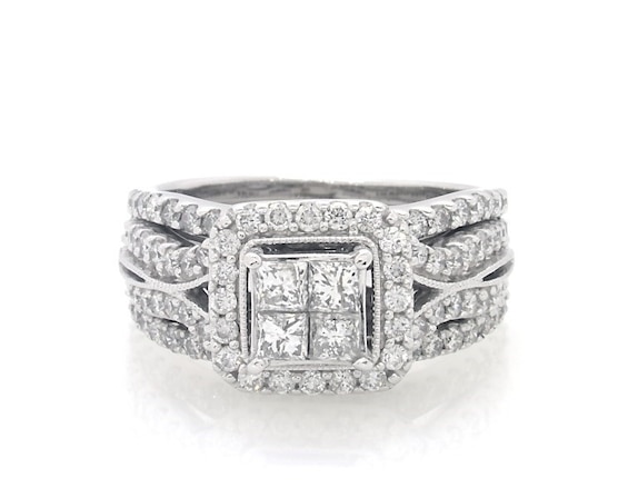 Previously Owned Princess-Cut Quad Diamond Halo Bridal Set 1-1/2 ct tw 14K White Gold Size 6