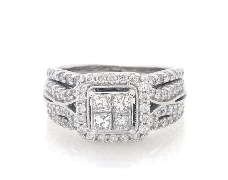 Main Image 1 of Previously Owned Princess-Cut Quad Diamond Halo Bridal Set 1-1/2 ct tw 14K White Gold Size 6