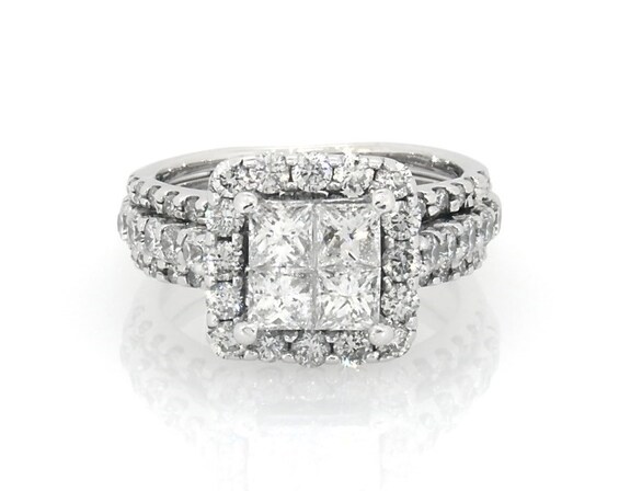 Previously Owned Princess-Cut Quad Diamond Halo Bridal Set 1-3/4 ct tw 14K White Gold Size 4
