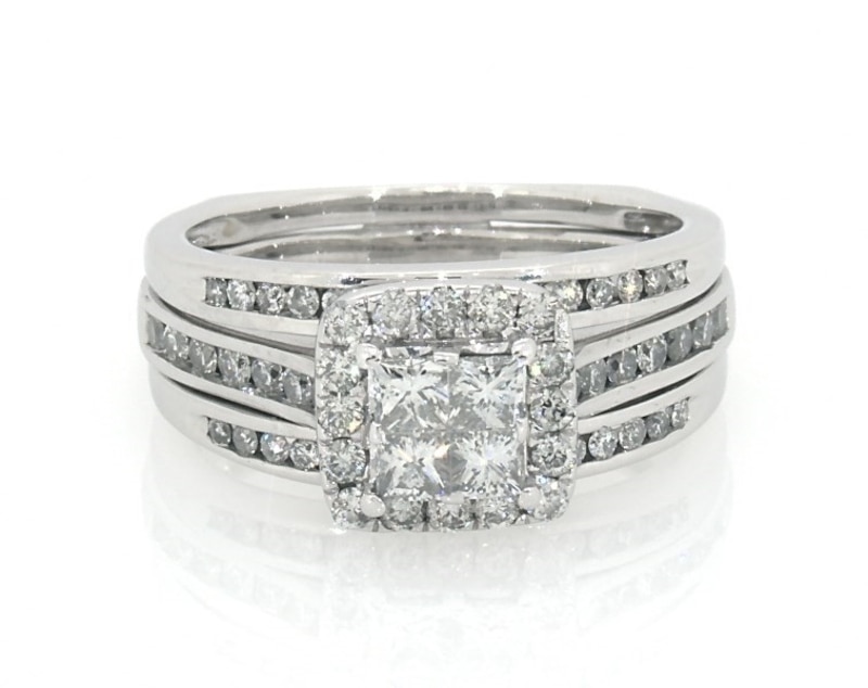 Main Image 1 of Previously Owned Princess-Cut Quad Diamond Halo Bridal Set 1-1/4 ct tw 14K White Gold Size 8