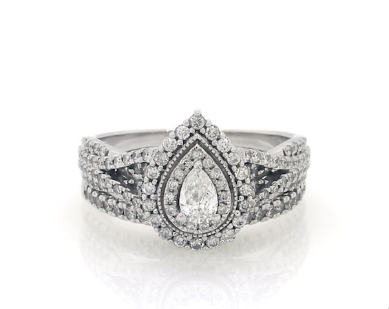 Previously Owned Pear-Shaped Diamond Double Halo Bridal Set 1-1/5 ct tw 14K White Gold Size 9.75