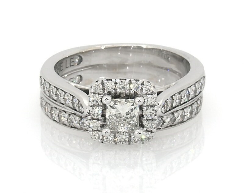 Main Image 1 of Previously Owned THE LEO Diamond Princess-Cut Halo Bridal Set 1 ct tw 14K White Gold Size 6