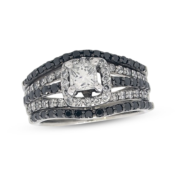 Previously Owned Black & White Diamond Bridal Set 1-1/ ct tw Princess & Round-Cut 14K White Gold Size 6.5