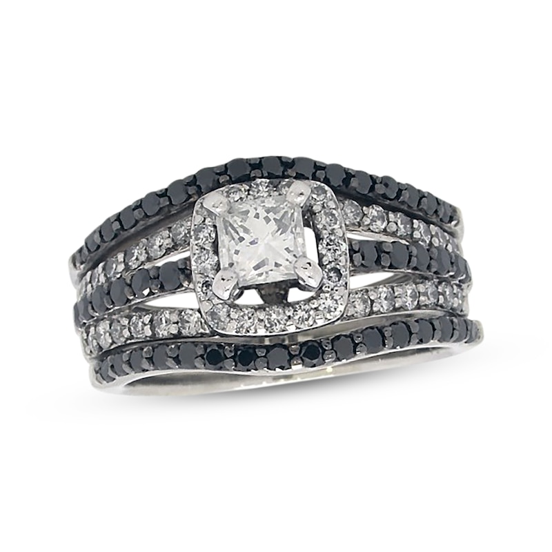 Main Image 1 of Previously Owned Black & White Diamond Bridal Set 1-1/3 ct tw Princess & Round-Cut 14K White Gold Size 6.5
